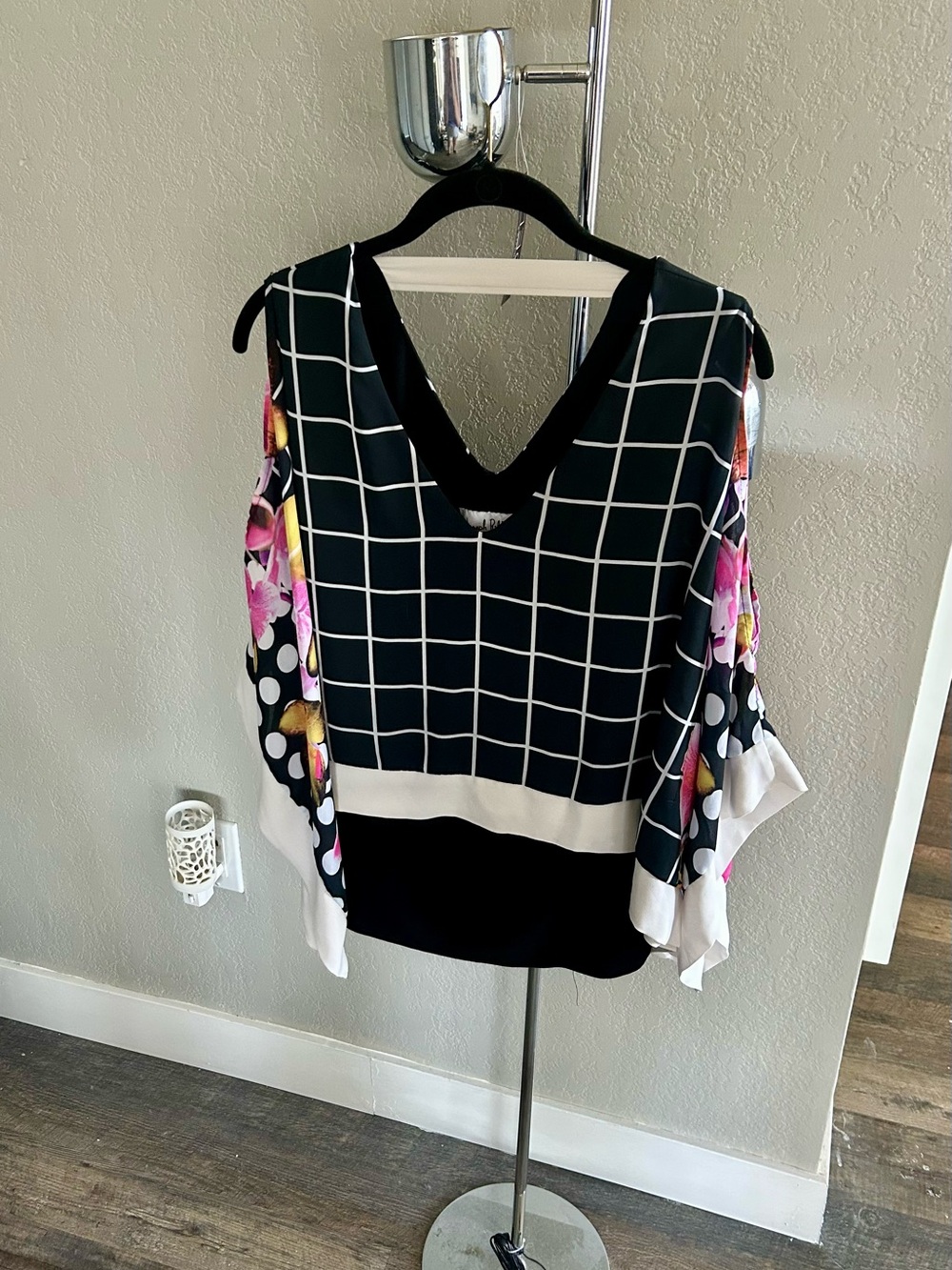 Joseph Ribkoff Black Grid V-Neck Blouse with Pink Floral Sleeves